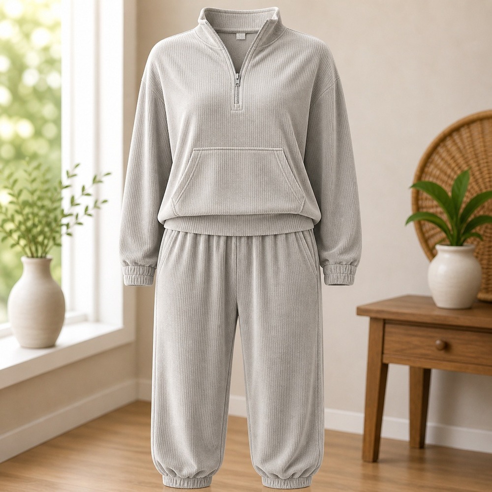 Berkshire Homewear Gray Ribbed Knit Lounge Set Quarter Zip Joggers Womens Small